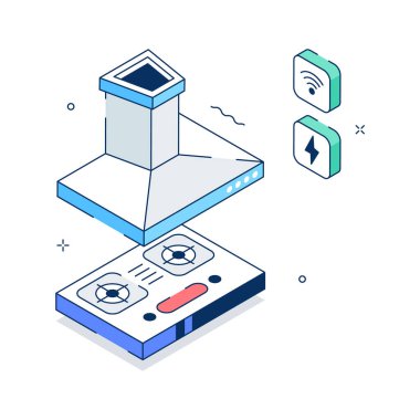A visually appealing isometric illustration of smart kitchen hood