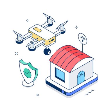 Akıllı güvenlik sistemini gösteren büyüleyici bir izometrik illüstrasyon