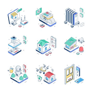 Akıllı evin düzenlenebilir izometrik çizimleri, premium kullanıma hazır