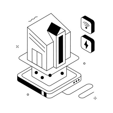 A futuristic isometric illustration representing virtual smart home concept
