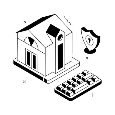 Gelişmiş ev koruma sistemini gösteren birinci sınıf izometrik bir illüstrasyon