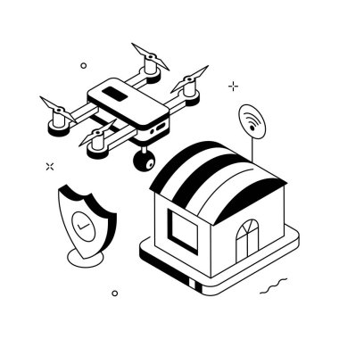 Akıllı güvenlik sistemini gösteren büyüleyici bir izometrik illüstrasyon