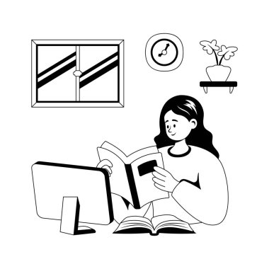 Bilgisayar ve ders kitapları kullanarak evden okuyan bir öğrencinin kabartma çizimi