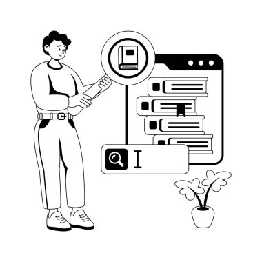 Çevrimiçi çalışma kaynaklarını arayan ve seçen bir öğrencinin kabartma çizimi