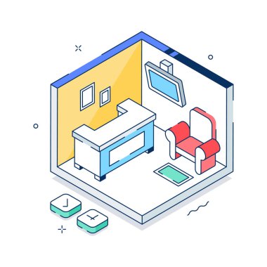 Kurumsal ofis alanının güzel bir şekilde tasarlanmış izometrik çizimi
