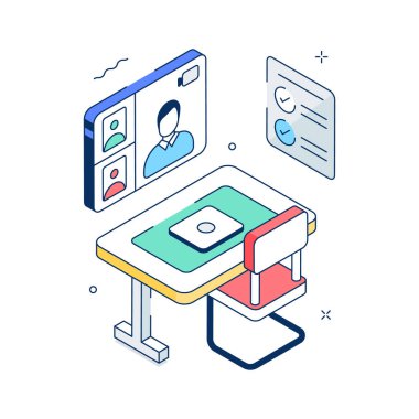 Çevrimiçi takım çalışması ve işbirliğinin görsel olarak izometrik illüstrasyonu