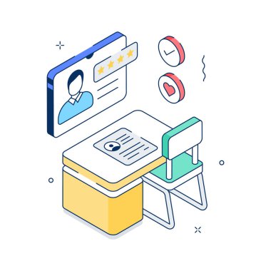 Moda izometrik illüstrasyon çevrimiçi röportaj sürecini gösteriyor