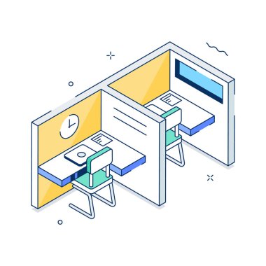 Ofis kabininin görsel olarak çekici bir izometrik çizimi