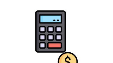 Para ile muhasebe hesap makinesinin büyüleyici düz bir taslak stili canlandırılmış simgesi