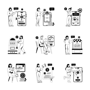 Mobil uygulamalar ve ekranlarla etkileşime geçen insanların dijital para birimi finans teknolojisi kavramı.