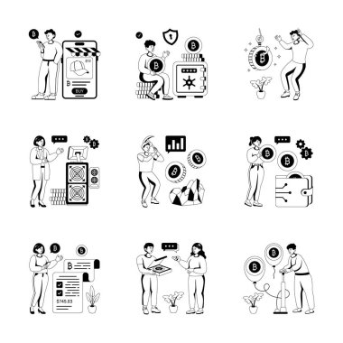 Çizimler, insanların Bitcoin ve kripto para ile etkileşimde olduğunu gösteriyor, finans kavramı