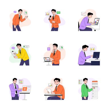 Bir iş adamının modern düz çizimleri çeşitli görevler yerine getiriyor. İnternet için mükemmel.