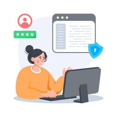 Güvenli bir sisteme parola ve kalkan simgesi ile giriş yapan bir kadın tasviri