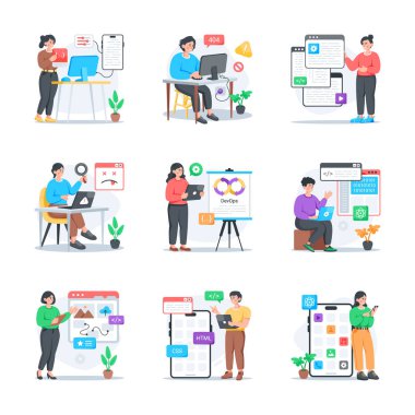 Çeşitli takımlar web geliştirme projeleri, fikir ve kodlama üzerinde çalışıyor.