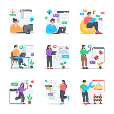 Burada web sitesi geliştirmenin modern düz stil çizimleri var.