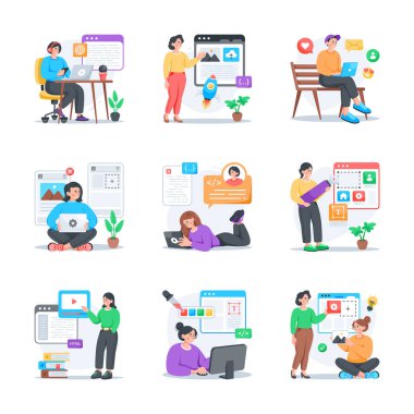 Kullanmaya hazır bu inanılmaz web geliştirme düz illüstrasyon paketine bir göz atın