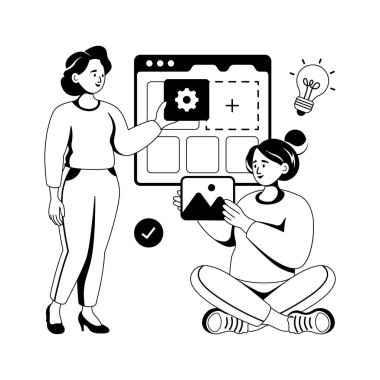 İki kadın bir web geliştirme projesinde işbirliği yapıyor, kabartma illüstrasyon