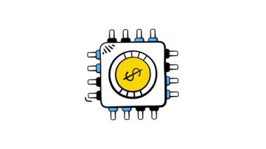 Dolar animasyon simgesi ile dijital finans, fintech, teknoloji temsil eden mikroçip.