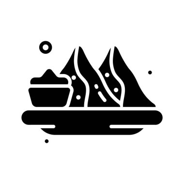 Glyph icon of samosa with chutney, Indian snack, clean design.