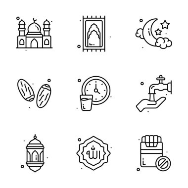 Cami, hurma, dua halısı, saat ve hilal gibi Ramazan ikonları koleksiyonu.