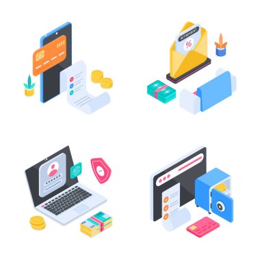 Güvenli çevrimiçi ödemeleri ve finansal teknoloji kavramlarını temsil eden Isometric çizimleri