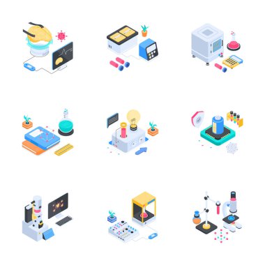 Teknoloji ve araştırma kavramları için izometrik laboratuvar çizimlerine bir göz atın..