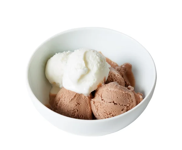 Scoops of vanilla and chocolate ice cream in bowl on white — Stock Photo, Image