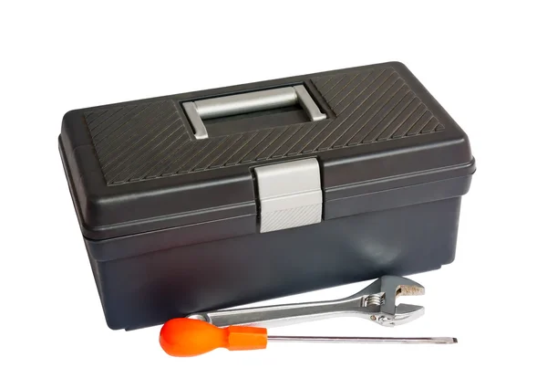 Caja de herramientas aislada, destornillador y llave inglesa — Foto de Stock