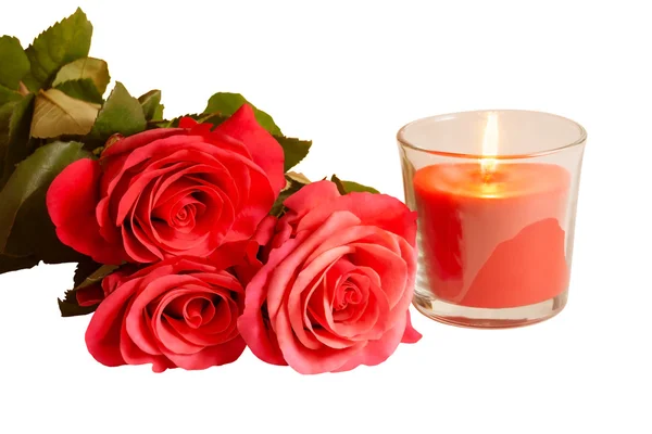 Ροζ τριαντάφυλλα και κερί απομονωμένες — Φωτογραφία Αρχείου