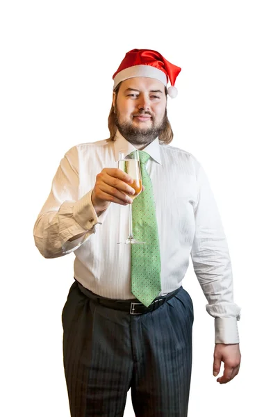 샴페인의 유리를 가진 젊은 남자. 크리스마스 모자 남자. — 스톡 사진