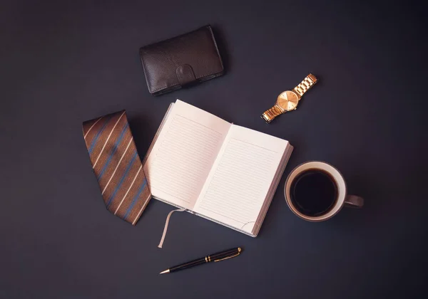 Opened Diary Stylish Necktie Mug Coffee Wallet Watch Pen Dark — Stock Photo, Image
