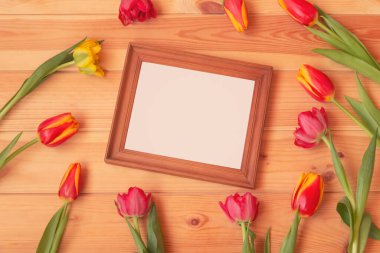 Resim çerçevesi ahşap arka planda renkli lalelerle çevrili. Üst görünüm, alanı kopyala.