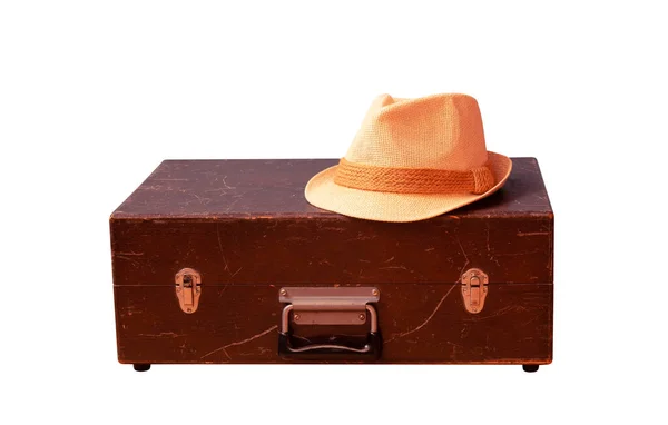 Vintage Valise Bois Chapeau Concept Voyage Isolé Sur Blanc — Photo