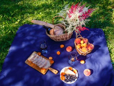 Açık hava piknik ortamında kırmızı şarap, bir şişe kırmızı şarap, peynir, meyve ve ekmek. Üst görünüm.