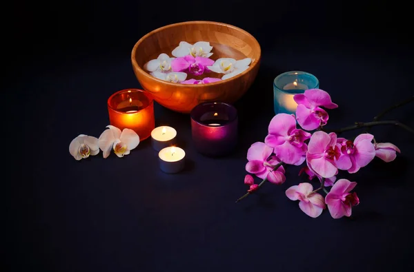 Colorful Orchids Burning Candles Colorful Candlesticks Dark Background View Copy — Stock Photo, Image