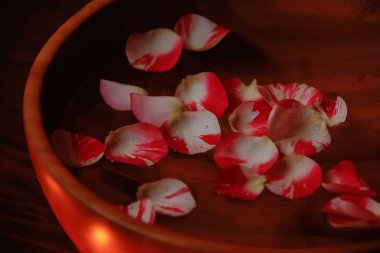 su bir kase içinde gül yaprakları