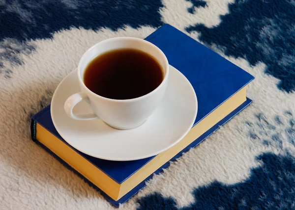 Taza de té y libro en la manta — Foto de Stock