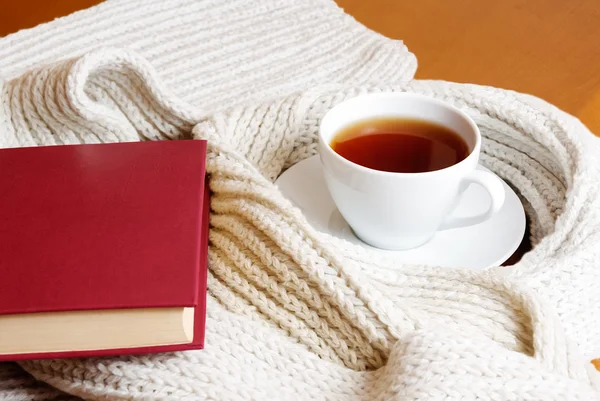 Taza de té, bufanda y libro — Foto de Stock