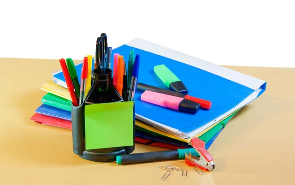 Group of multicolored office folders, glasses and office supplie — Stock Photo, Image