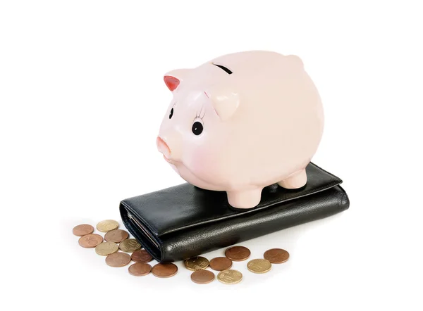 Money accumulation concept. Money and piggy bank isolated on whi — Stock Photo, Image