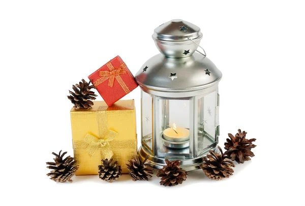 Christmas gift boxes with a lantern — Stock Photo, Image