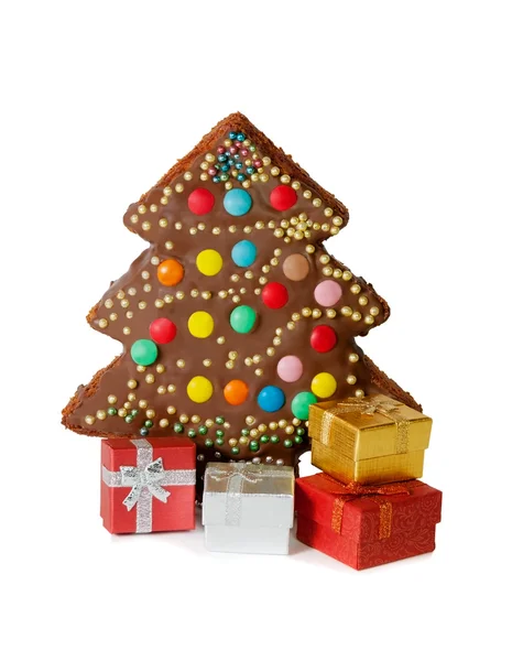 Christmas cake Noel ağacı ve hediye kutuları isol şeklinde — Stok fotoğraf
