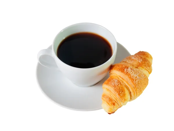 Croissant und Tasse Kaffee Zusammensetzung isoliert über dem weißen — Stockfoto
