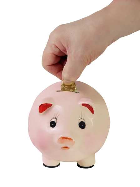 Female hand putting a coin into piggy bank — Stock Photo, Image