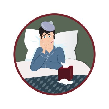 Sick man in bed with fever and with thermometer in his mouth clipart