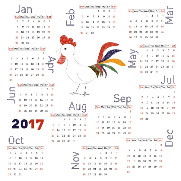 Calendrier 2017 avec photo d'enfant de coq, symbole de 2017 sur le calendrier chinois — Image vectorielle