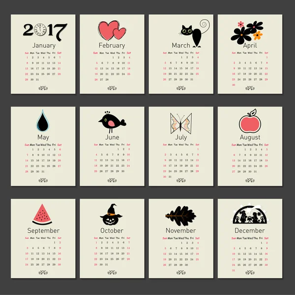 Calendrier 2017 avec symboles mois — Image vectorielle