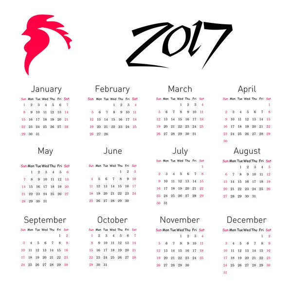 Calendrier 2017 avec Le Coq Rouge, symbole de 2017 sur le calendrier chinois — Image vectorielle