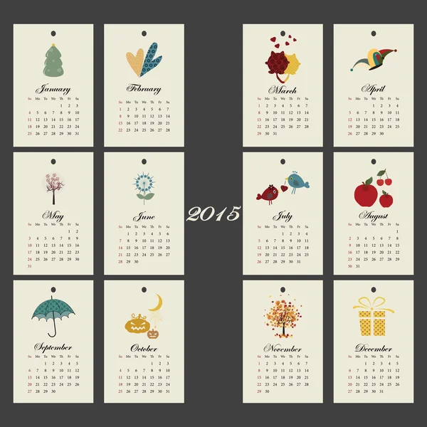 Calendrier inhabituel 2015 année conception avec des symboles mois, Anglais, Dimanche commencer — Image vectorielle