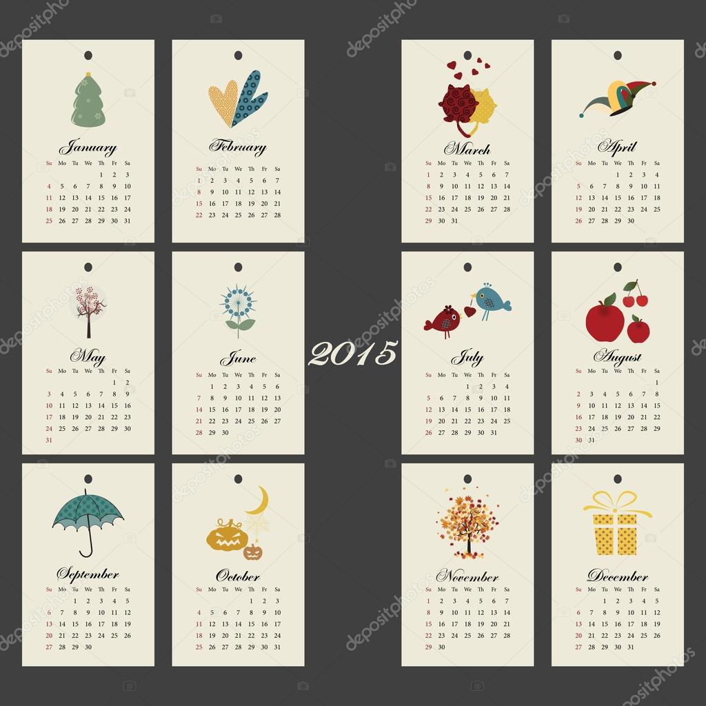 Unusual calendar 2015 year design with symbols month, English, Sunday start